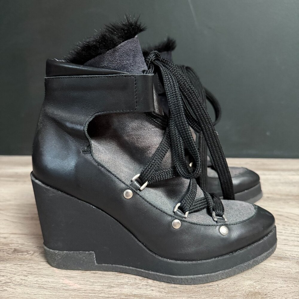 Miista Wedge Boots, Black Leather, Lace Up, Winter